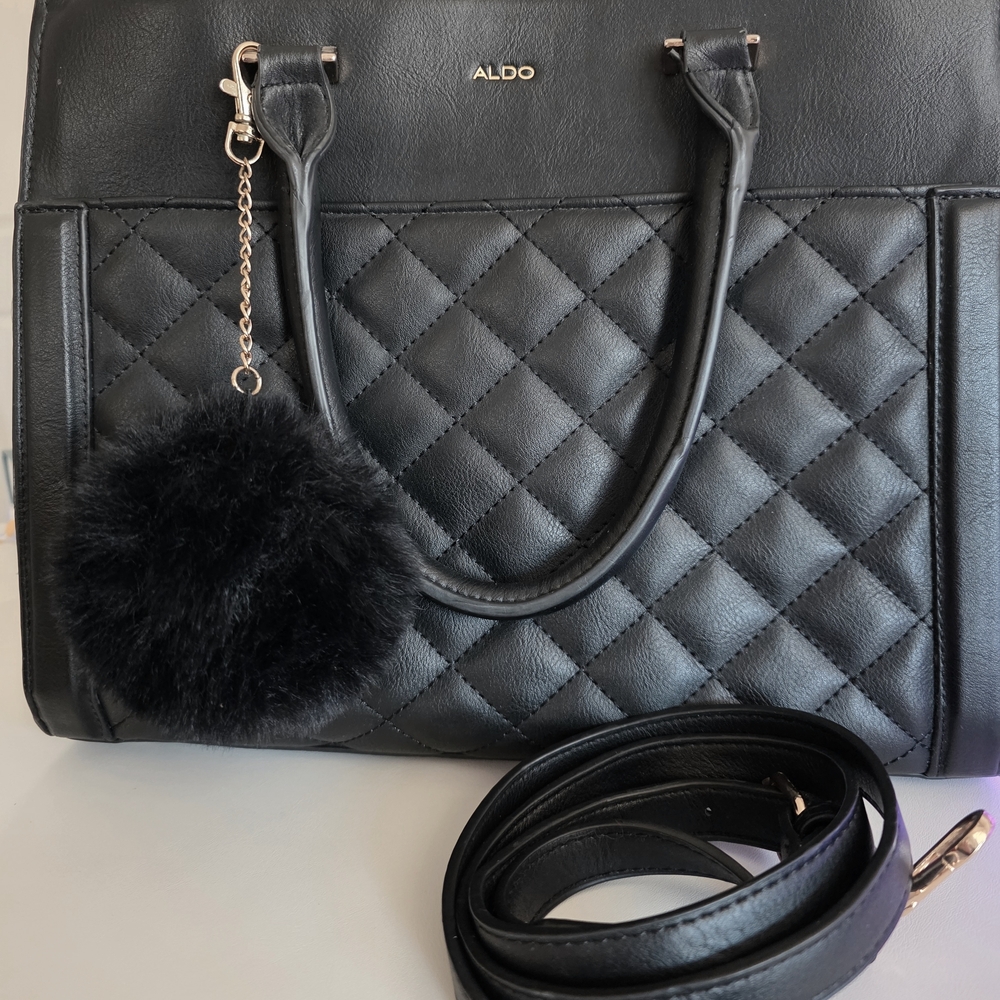 ALDO Black Quilted Faux Leather Satchel with Pom Charm